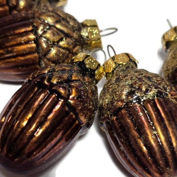 13 Glass Acorns Ribbed Gold Brown Glitter Fall Nature Cabin...